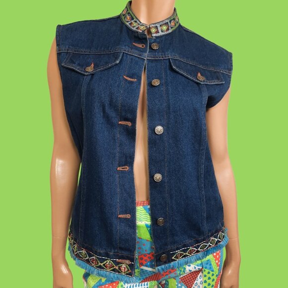 Vintage 90 Denim Jean Vest Oversized Embroidered Fringe Size S Dark Wash - Picture 9 of 10